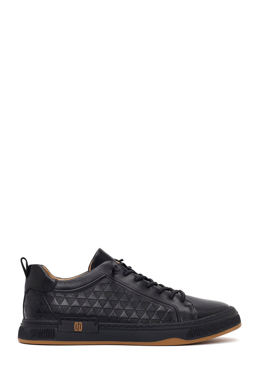 Erkek Siyah Bağcıklı Baskılı Deri Sneaker