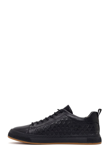 Erkek Siyah Bağcıklı Baskılı Deri Sneaker