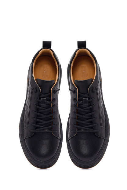 Erkek Siyah Bağcıklı Baskılı Deri Sneaker