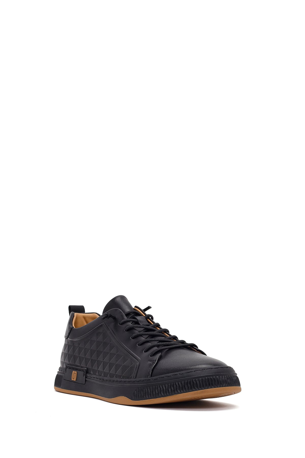 Erkek Siyah Bağcıklı Baskılı Deri Sneaker