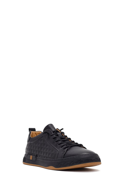 Erkek Siyah Bağcıklı Baskılı Deri Sneaker