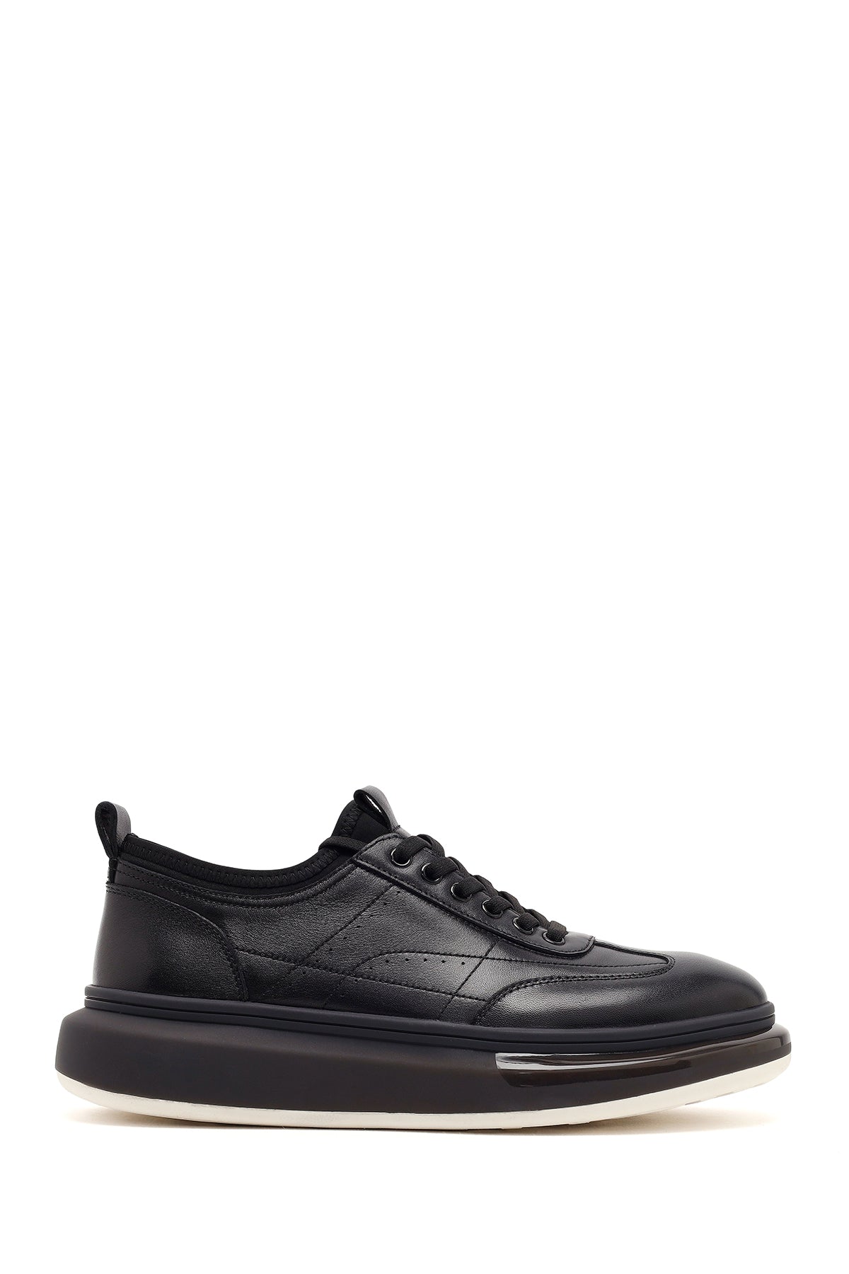 Erkek Siyah Bağcıklı Kalın Tabanlı Deri Sneaker
