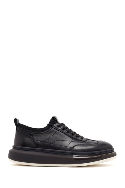 Erkek Siyah Bağcıklı Kalın Tabanlı Deri Sneaker
