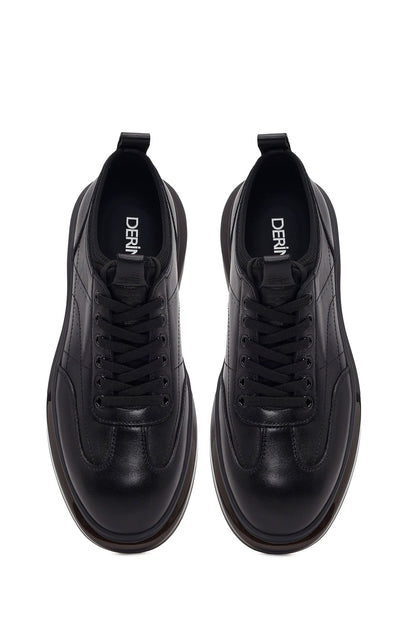 Erkek Siyah Bağcıklı Kalın Tabanlı Deri Sneaker
