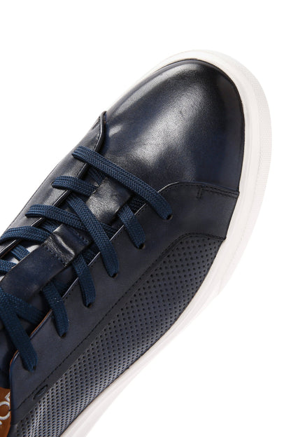 Erkek Lacivert Bağcıklı Kalın Tabanlı Deri Sneaker