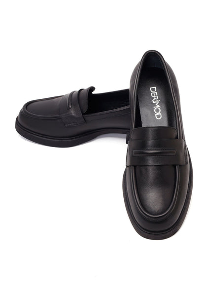 Kadın Siyah Deri Maskülen Loafer
