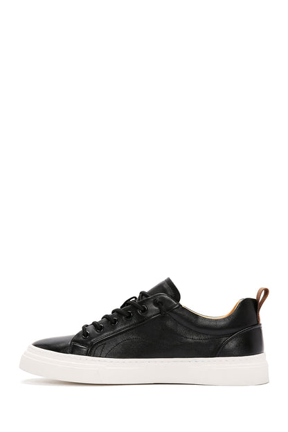 Erkek Siyah Bağcıklı Kalın Tabanlı Deri Sneaker
