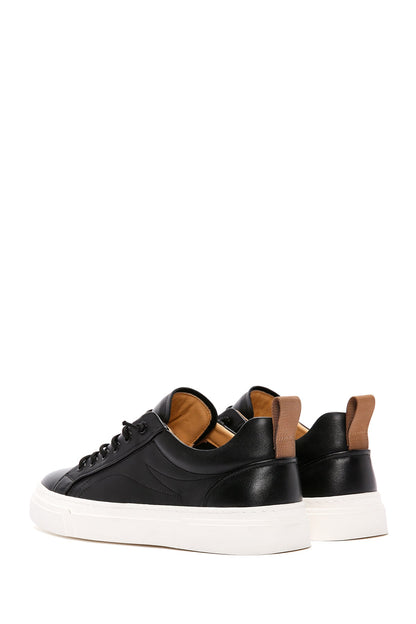 Erkek Siyah Bağcıklı Kalın Tabanlı Deri Sneaker