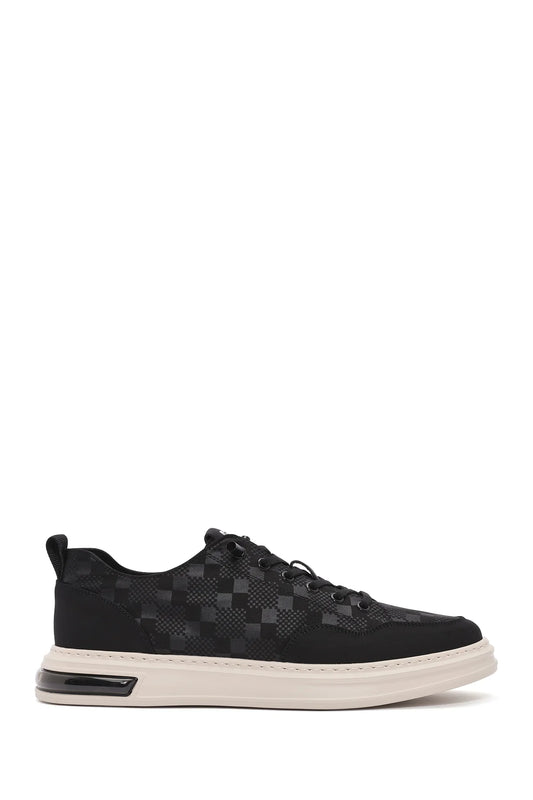 Erkek Siyah Bağcıklı Kalın Tabanlı Desenli Kumaş Sneaker