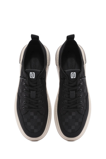 Erkek Siyah Bağcıklı Kalın Tabanlı Desenli Kumaş Sneaker