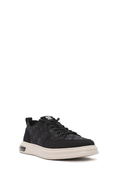 Erkek Siyah Bağcıklı Kalın Tabanlı Desenli Kumaş Sneaker