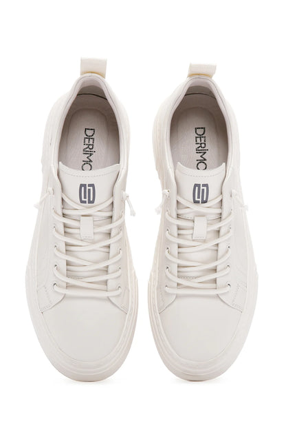 Erkek Beyaz Bağcıklı Kalın Tabanlı Deri Sneaker