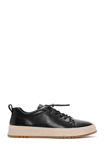 Erkek Siyah Bağcıklı Kalın Tabanlı Deri Sneaker