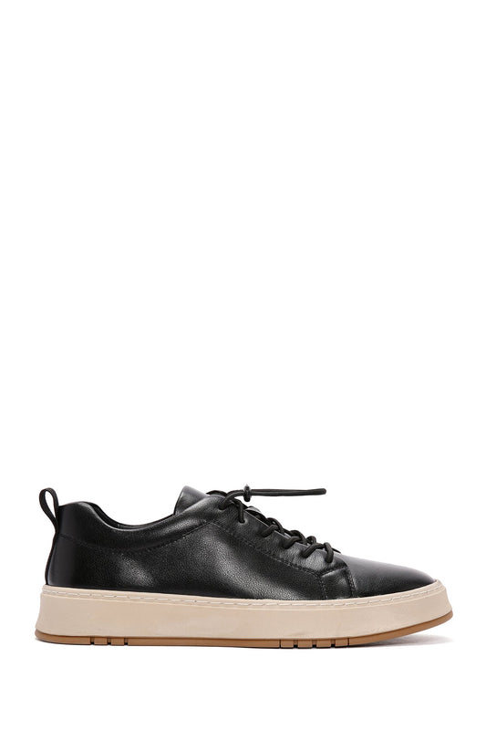 Erkek Siyah Bağcıklı Kalın Tabanlı Deri Sneaker