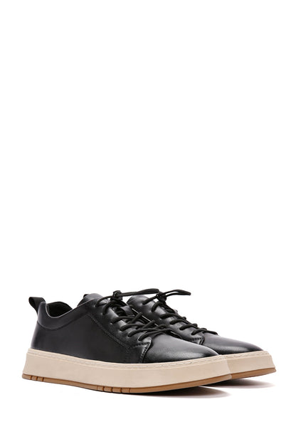 Erkek Siyah Bağcıklı Kalın Tabanlı Deri Sneaker