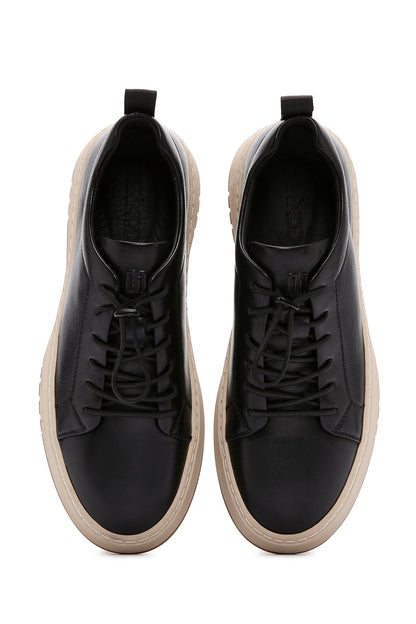 Erkek Siyah Bağcıklı Kalın Tabanlı Deri Sneaker