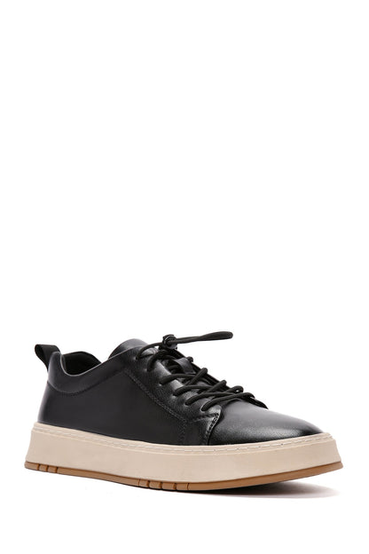 Erkek Siyah Bağcıklı Kalın Tabanlı Deri Sneaker