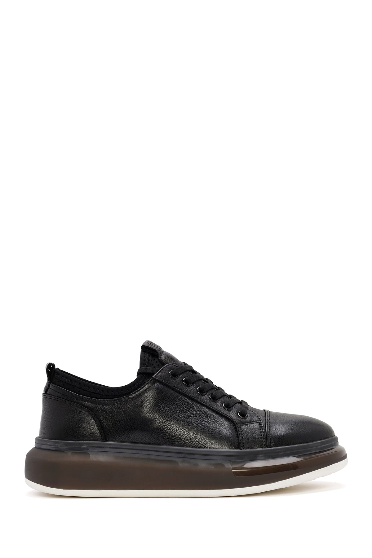 Erkek Siyah Bağcıklı Kalın Tabanlı Deri Sneaker