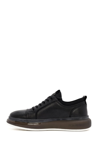 Erkek Siyah Bağcıklı Kalın Tabanlı Deri Sneaker