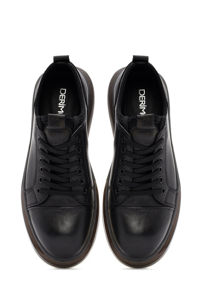 Erkek Siyah Bağcıklı Kalın Tabanlı Deri Sneaker