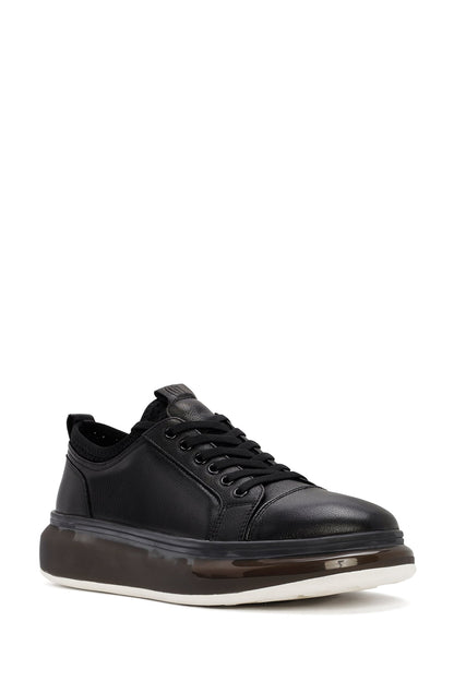 Erkek Siyah Bağcıklı Kalın Tabanlı Deri Sneaker