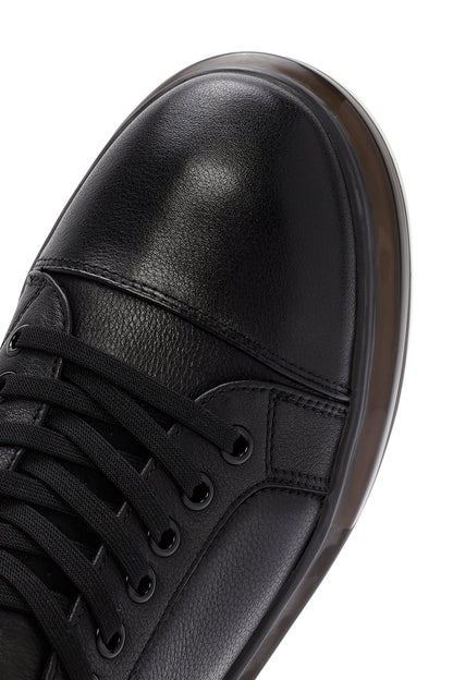 Erkek Siyah Bağcıklı Kalın Tabanlı Deri Sneaker
