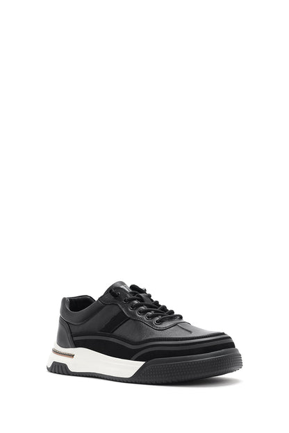 Erkek Siyah Bağcıklı Kalın Tabanlı Deri Sneaker