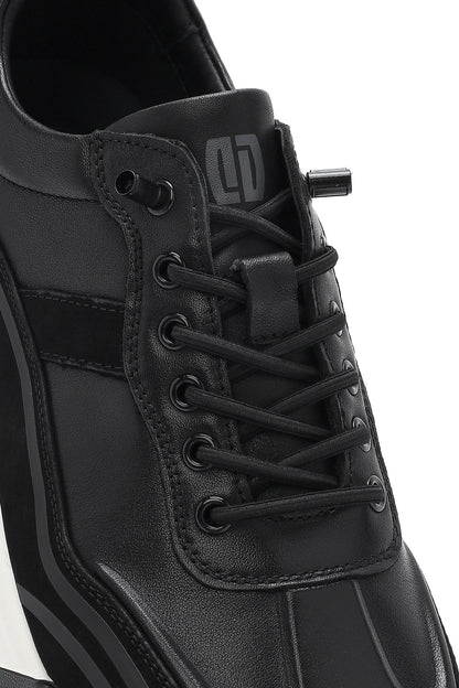 Erkek Siyah Bağcıklı Kalın Tabanlı Deri Sneaker