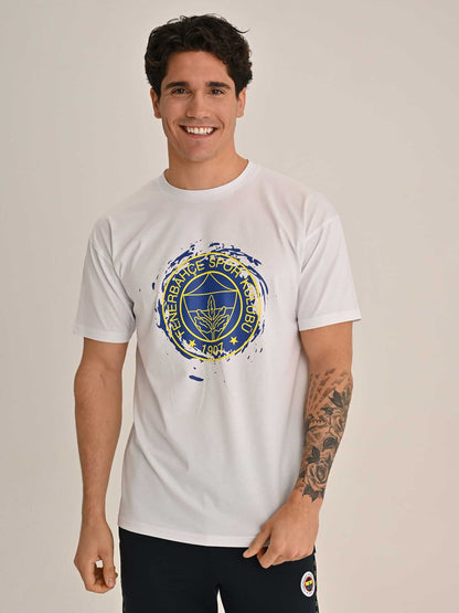 Fenerbahçe Beyaz Tribün Fırça Detaylı Logolu Erkek Oversize Tshirt