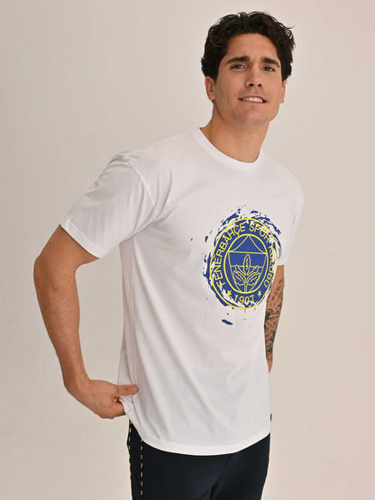 Fenerbahçe Beyaz Tribün Fırça Detaylı Logolu Erkek Oversize Tshirt