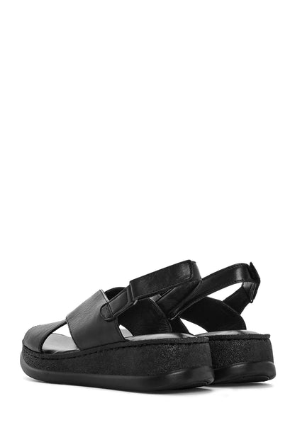 Kadın Siyah Kalın Tabanlı Deri Comfort Sandalet