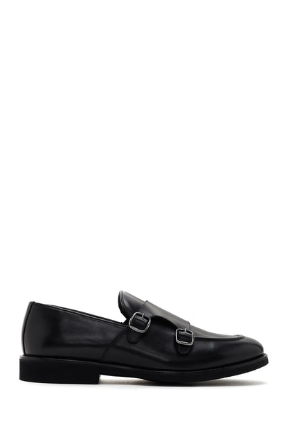 Erkek Siyah Çift Tokalı Deri Casual Loafer