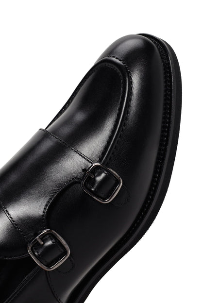 Erkek Siyah Çift Tokalı Deri Casual Loafer