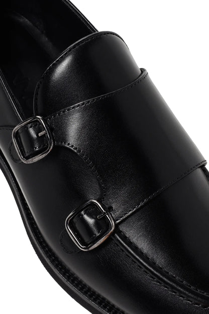 Erkek Siyah Çift Tokalı Deri Casual Loafer