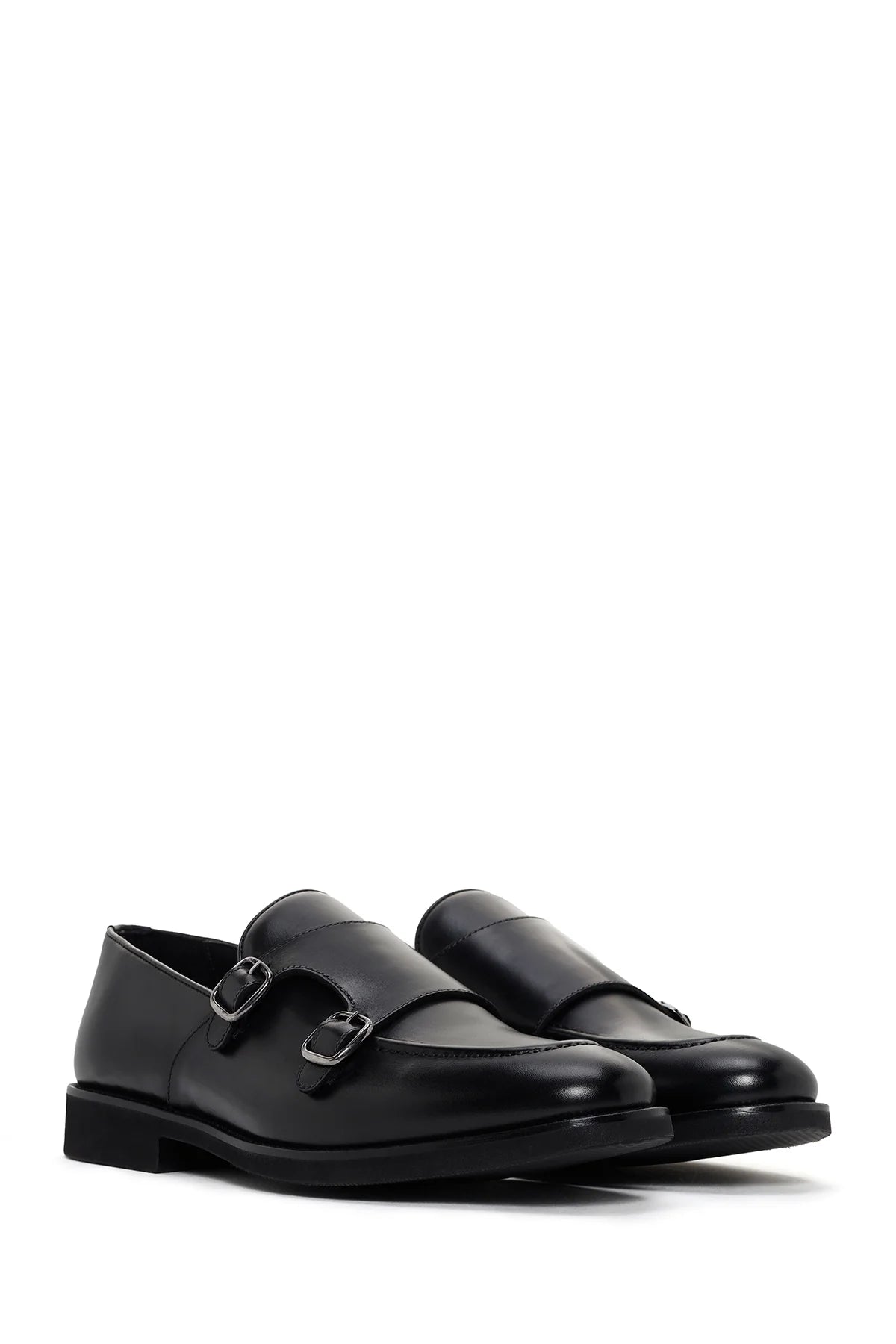 Erkek Siyah Çift Tokalı Deri Casual Loafer