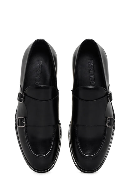 Erkek Siyah Çift Tokalı Deri Casual Loafer