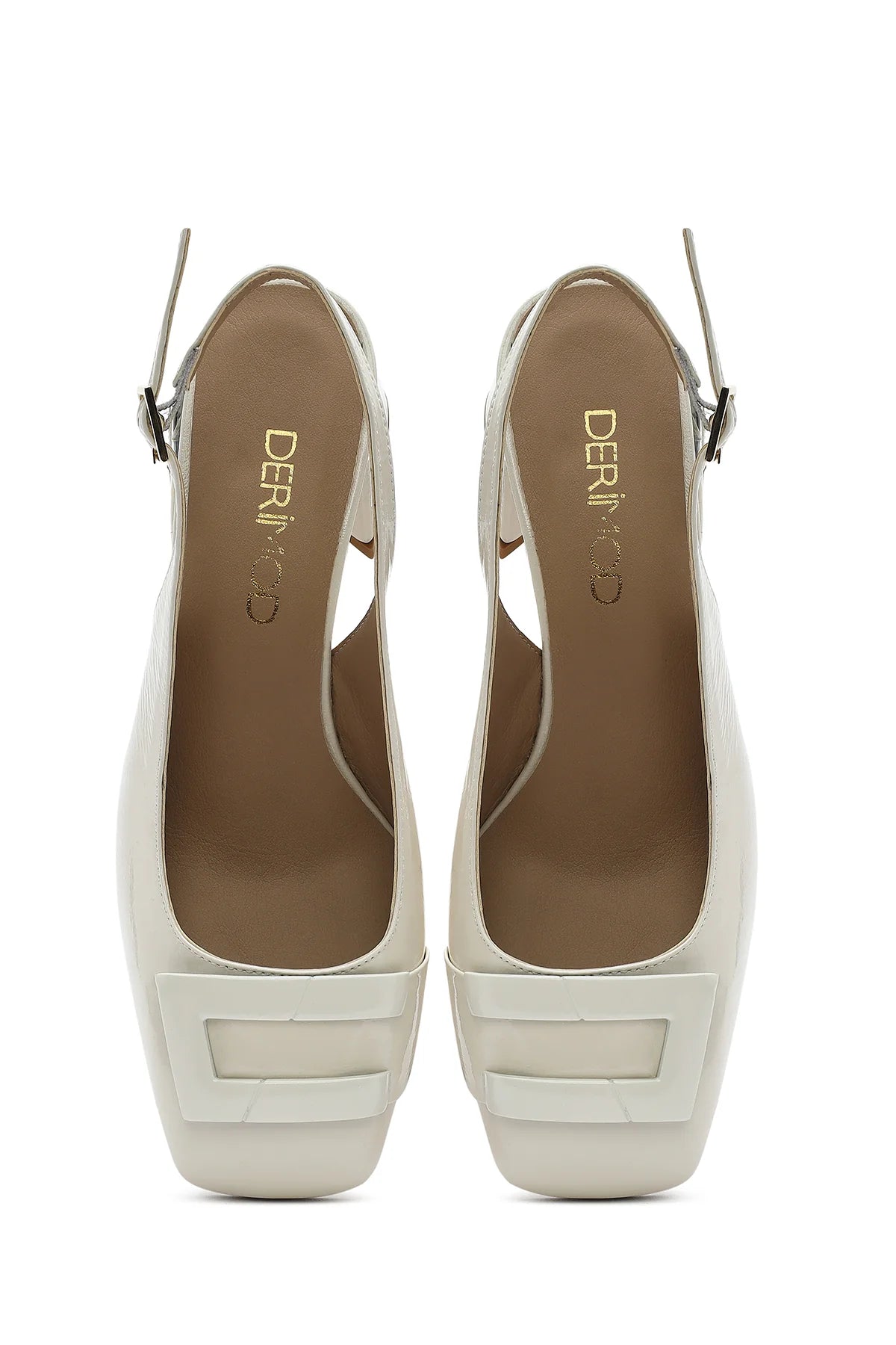 Kadın Bej Bilekten Tokalı Arkası Açık Kısa Kalın Topuklu Rugan Deri Ayakkabı