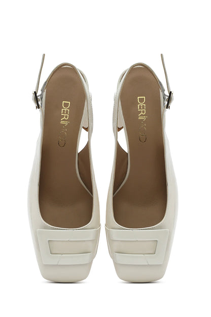 Kadın Bej Bilekten Tokalı Arkası Açık Kısa Kalın Topuklu Rugan Deri Ayakkabı