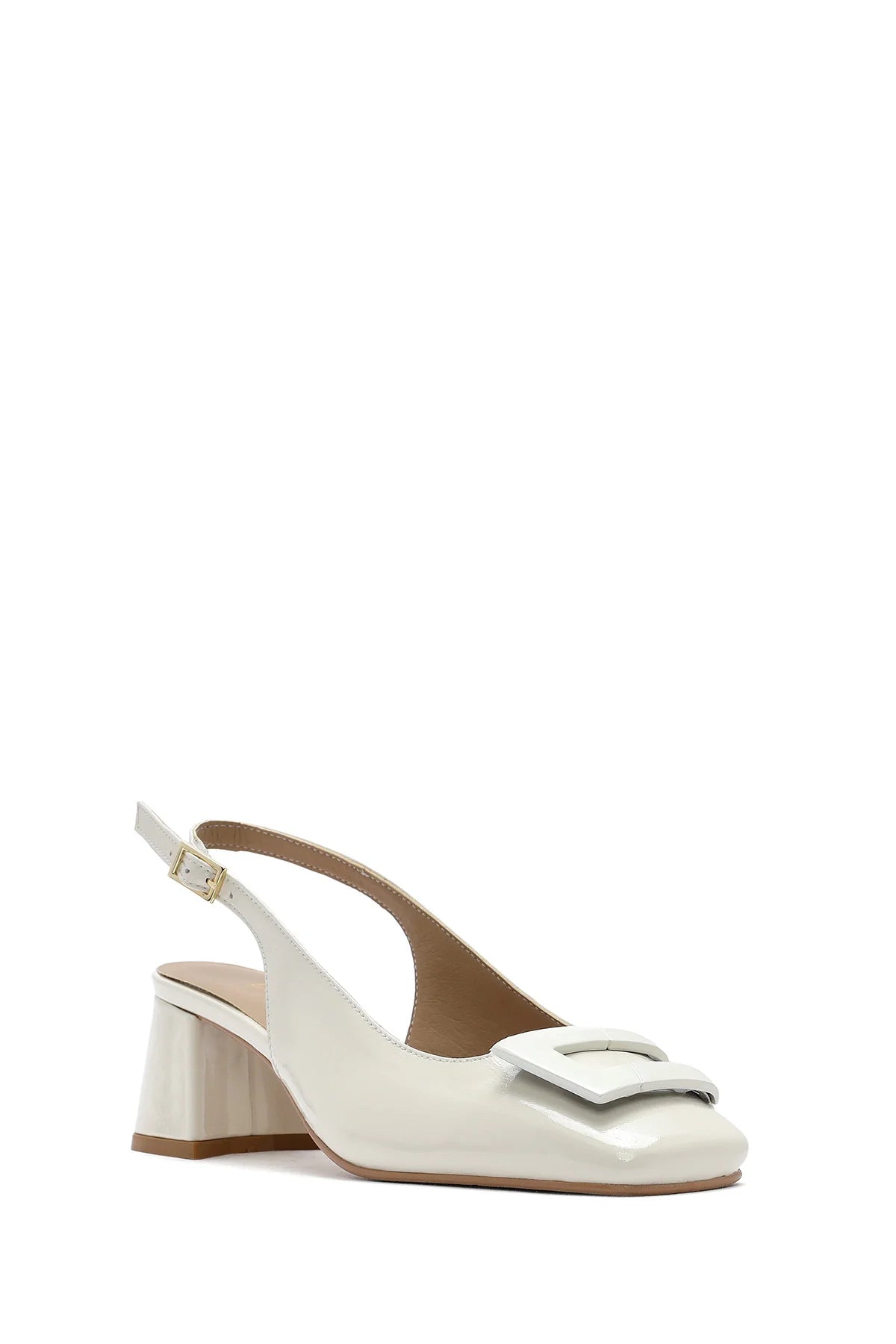 Kadın Bej Bilekten Tokalı Arkası Açık Kısa Kalın Topuklu Rugan Deri Ayakkabı