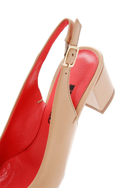 Derimod Gritti Kadın Bej Arkası Açık Kısa Kalın Topuklu Deri Ayakkabı