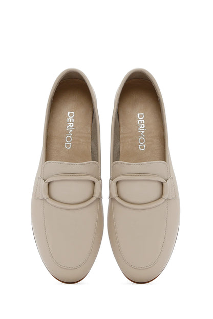 Kadın Bej Deri Maskülen Loafer