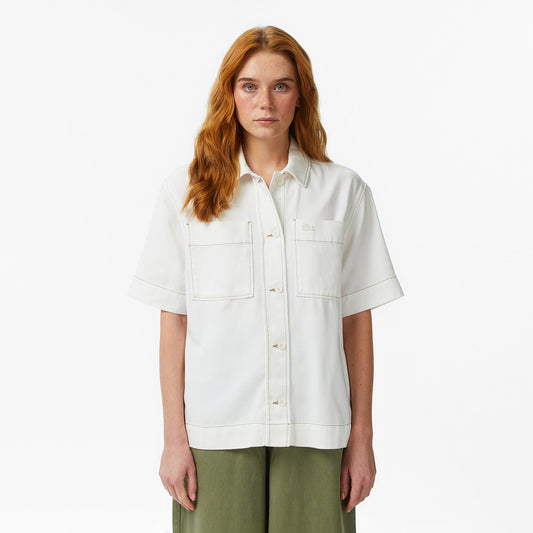 Kadın Regular Fit Kısa Kollu Düğmeli Yaka Krem Gömlek