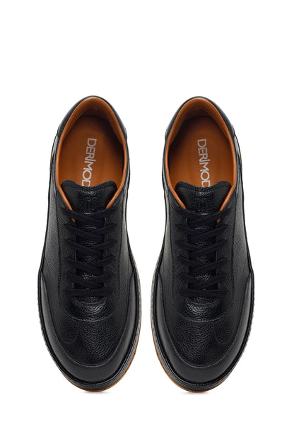 Erkek Siyah Bağcıklı Deri Sneaker