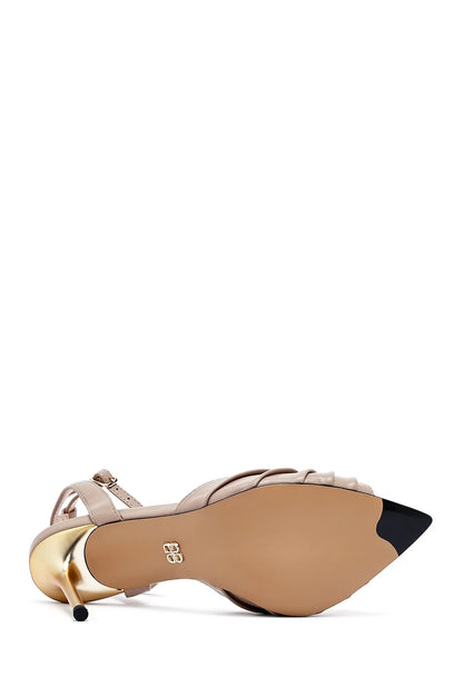 Kadın Bej Bilekten Tokalı Ince Topuklu Deri Sandalet