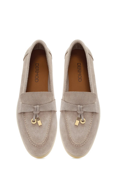 Kadın Bej Süet Deri Maskülen Loafer