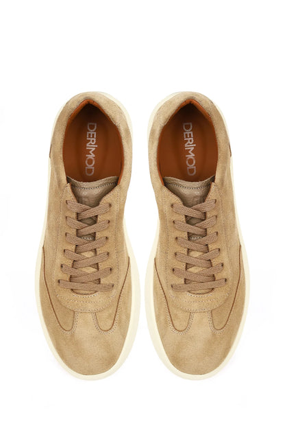 Erkek Bej Bağcıklı Kalın Tabanlı Süet Deri Sneaker