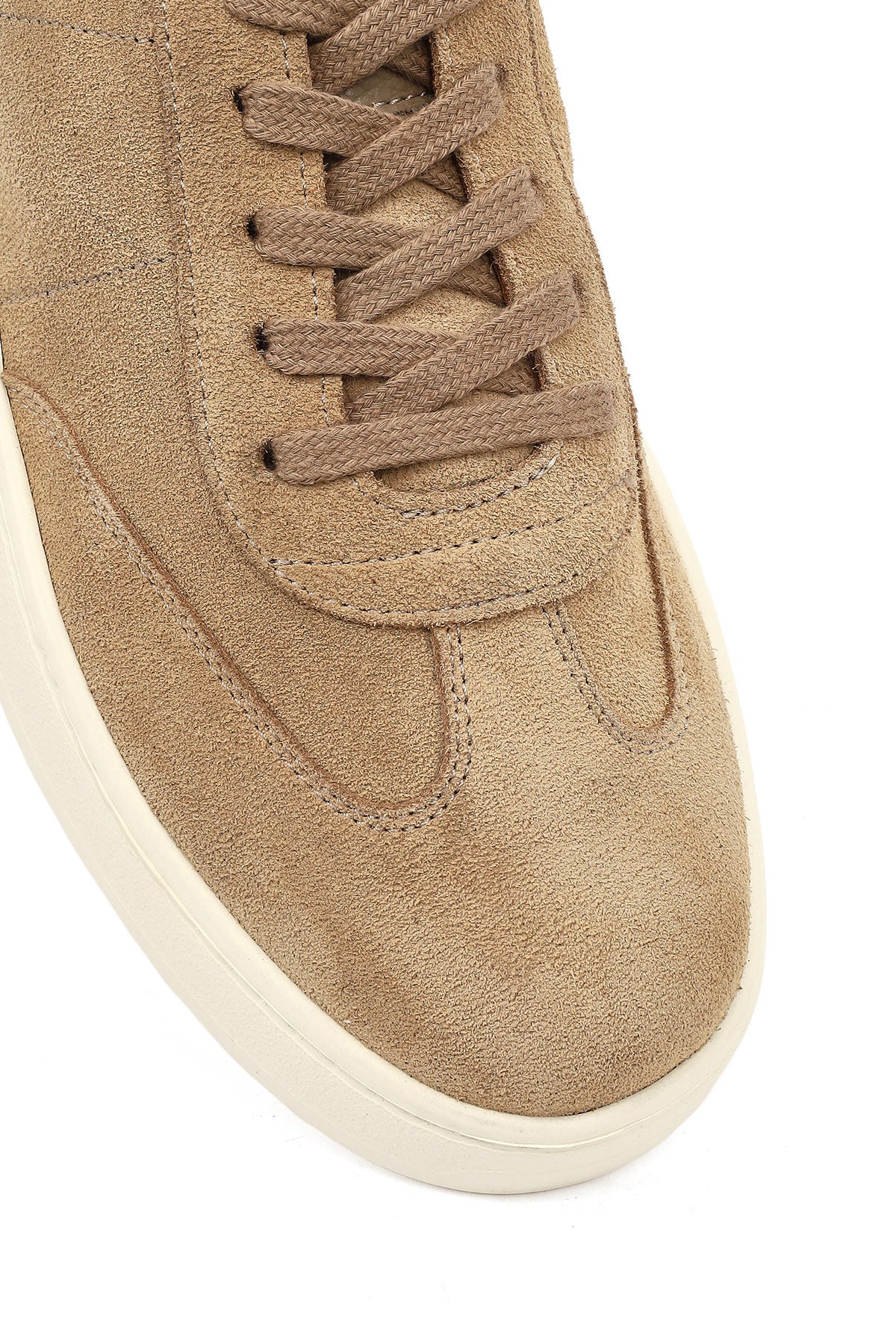 Erkek Bej Bağcıklı Kalın Tabanlı Süet Deri Sneaker