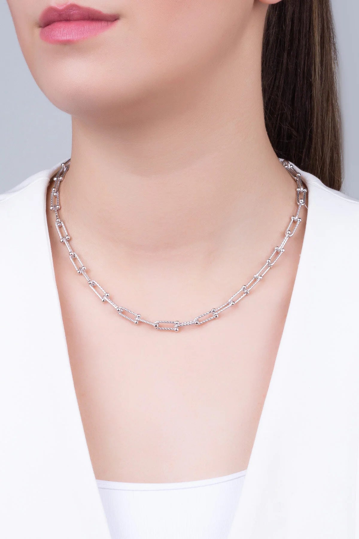 Zamansız Italyan 18 Ayar Beyaz Altın Kaplama 45 Cm Gümüş Ataş Zincir Kolye 5213519999