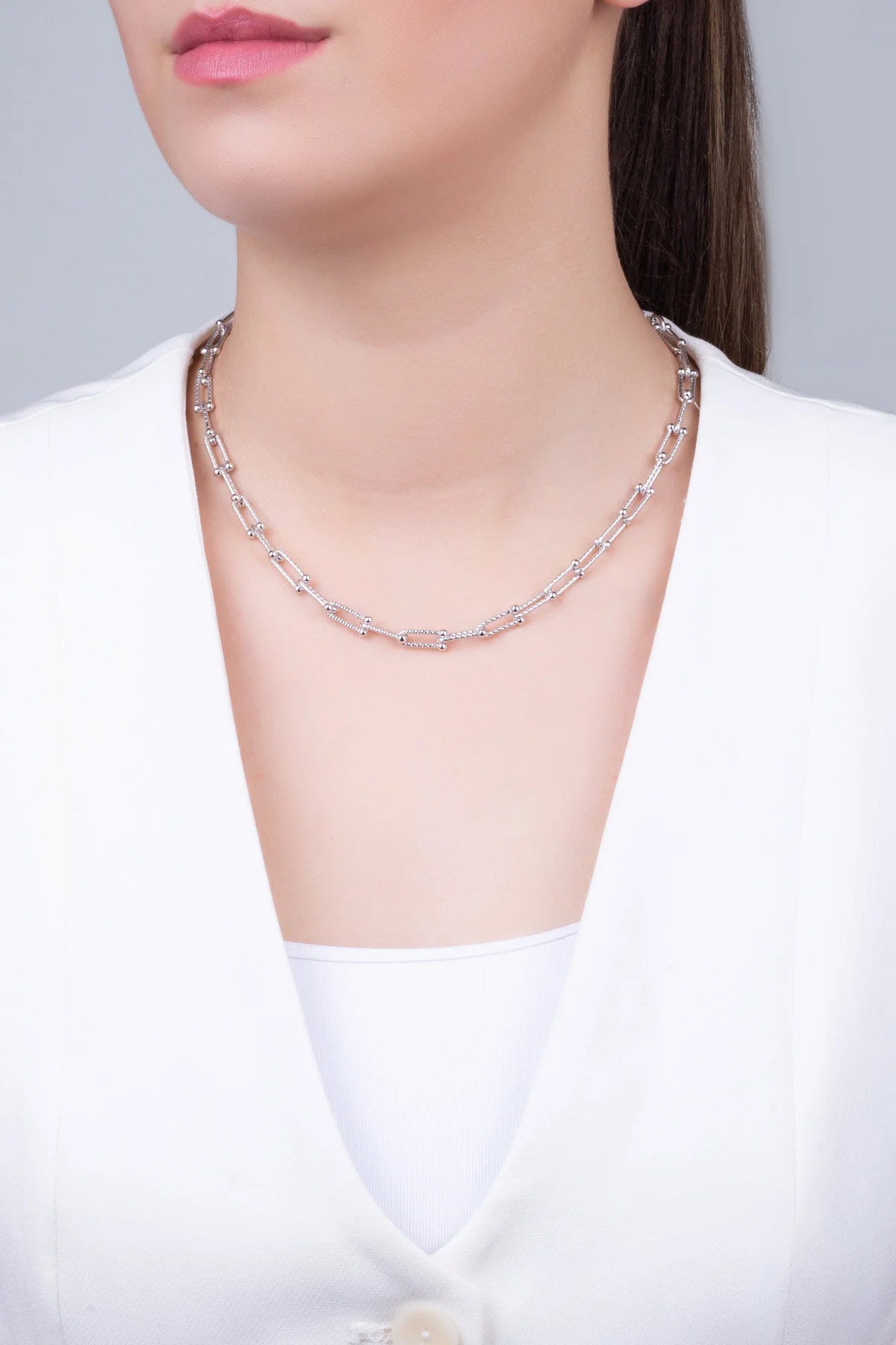 Zamansız Italyan 18 Ayar Beyaz Altın Kaplama 45 Cm Gümüş Ataş Zincir Kolye 5213519999