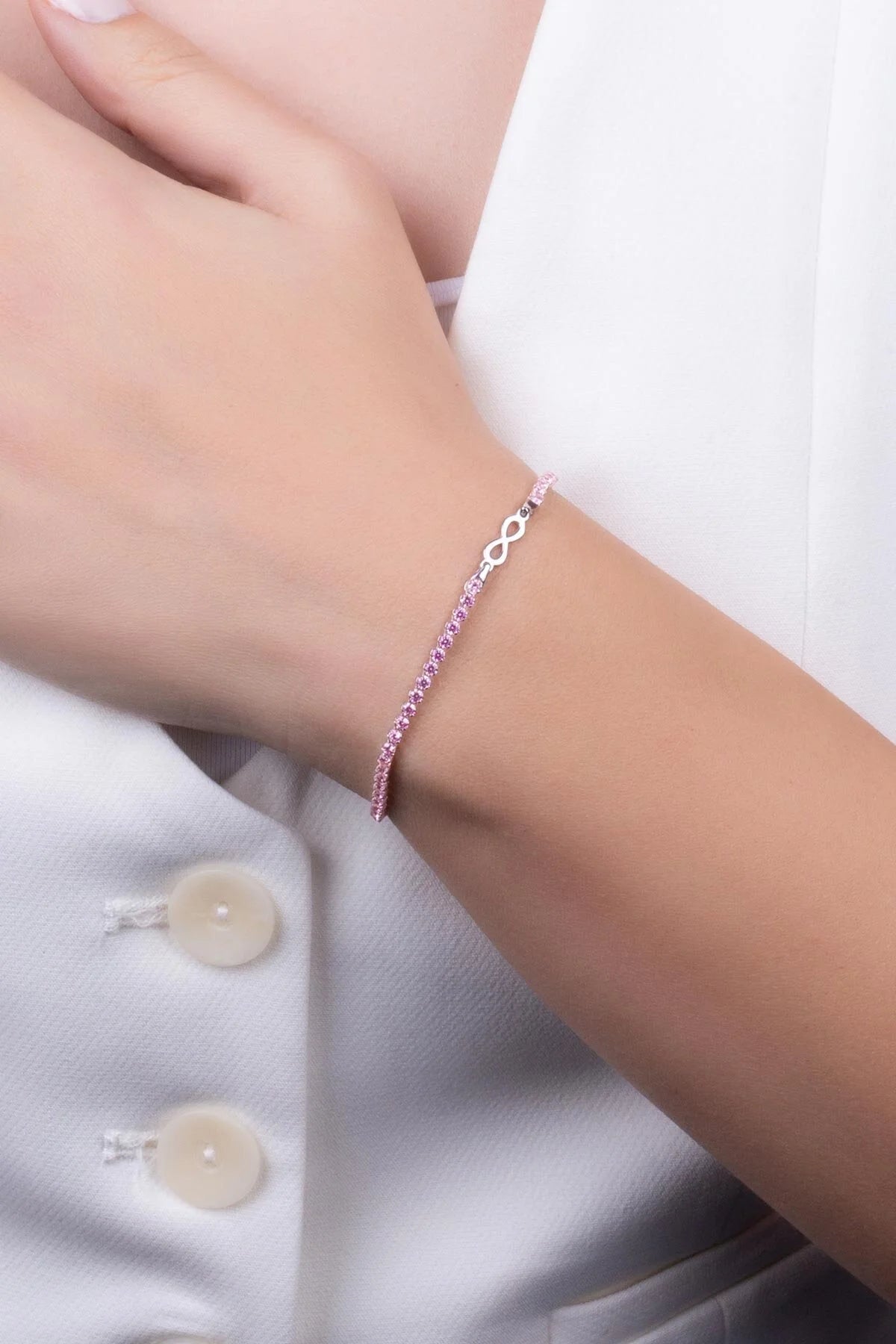 Pembe Sonsuzluk Italyan 18 Ayar Beyaz Altın Kaplama 19 Cm Gümüş Su Yolu Bileklik 5175010399